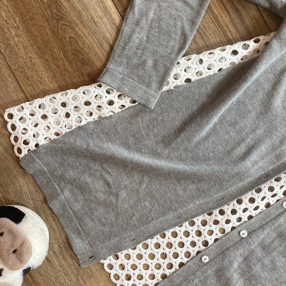 gray cardigan sweater with a white, eyelet-patterned fabric lining the back - Picture 5 of 6